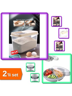 Hereveoyuncak 10 Lt Sürgülü Kapaklı Erzak Un Bakliyat Saklama Kabı + 3 Bölmeli Pratik Kahvaltılık - 2li Set M6S6A9