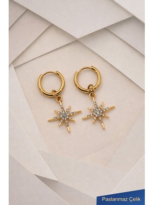 Trend Collection Taşlı Yıldız Figürlü Altın Renk Paslanmaz Çelik Halka Küpe
