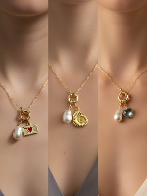 NKT Collection Turkuaz Kalp Deniz Kabuğu Kalpli Zarf Incili Kolye