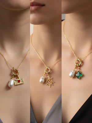 NKT Collection Zümrüt Yeşili Yıldız Güneş Kalpli Zarf Incili Kolye