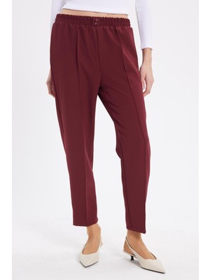 Tudors Kadın Relax Fit Rahat Kesim Yüksel Bel Düz Paça Beli Lastikli Bordo Pantolon
