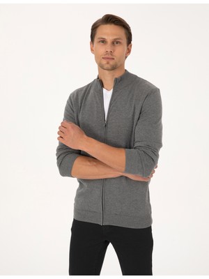 Pierre Cardin Erkek Gri Melanj Slim Fit Fermuarlı Triko Hırka 50317409-VR086