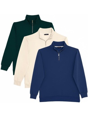Tudors Unisex Relax Fit 3'lü Paket Yeşil-Ekru-Lacivert Pamuklu Yarım Fermuarlı Dik Yaka Sweatshirt