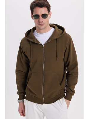 Tudors Unisex Relax Fit Rahat Kesim Pamuklu İçi Polarlı Çift Cepli Tam Fermuarlı Haki Kapüşonlu Sweatshirt