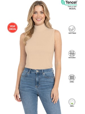 Özkan Underwear Özkan 27813 Kadın Premium Kumaş Pamuklu Modal Balıkçı Yaka Sıfır Kol Body T-Shirt Bluz