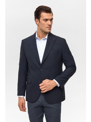 Süvari Lacivert Regular Desenli Mono Yaka 4 Drop Ceket