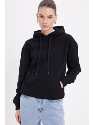 Tudors Kadın Oversize Geniş Kesim Pamuklu Yumuşak Dokulu Içi Polarlı Basic Siyah Kapüşonlu Sweatshirt
