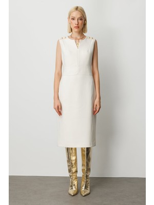 Ekol Minimalist Midi Elbise - Kolsuz V Yaka Günlük & Iş Elbisesi