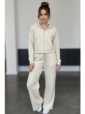 Le’sluette Kadın Kadife Rahat Kalıp Fermuarlı Üst Beli Lastikli Alt Ikili Takım Taş Rengi