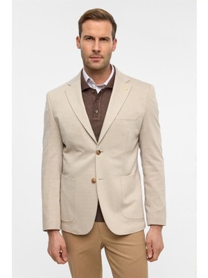Süvari Erkek Bej Slim Desenli Mono Yaka 6 Drop Ceket Dokuma Kumaş ile Şık Tasarım
