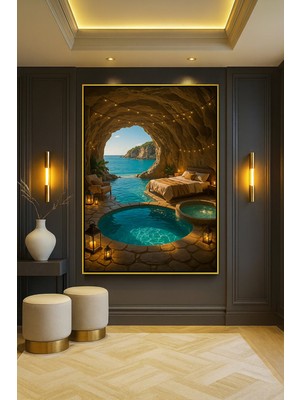 Wallivo Mağara Içinde Otel Odası ve Deniz Manzarası Model 1 Siyah Metal Çerçeveli Kanvas Tablo