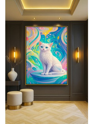 Wallivo Monet Tarzı Beyaz Kedi Evcil Hayvan Temalı Bronz Metal Çerçeveli Kanvas Tablo