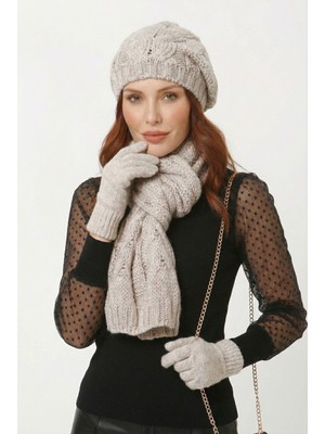 Nacar Çarşı Kadın Taş Rengi Saç Örgü Desenli Triko Bere Atkı Eldiven Takımı Set