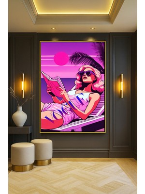 Wallivo Retrowave Vogue - Pop Art Yaz Havası Modern Sanat Gümüş Metal Çerçeveli Kanvas Tablo