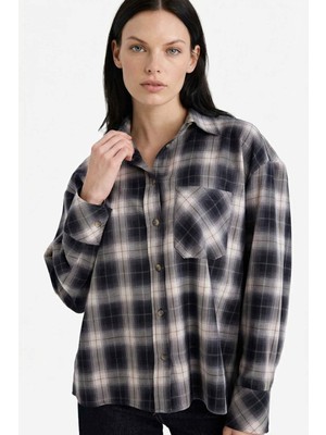 DeFacto Oversize Geniş Kalıp Kareli Flanel Uzun Kollu Gömlek G0502AX25AU