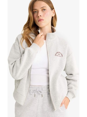 DeFacto Relax Fit Yarım Balıkçı Yaka Baskılı Kalın Fermuarlı Sweatshirt F7890AX25AU