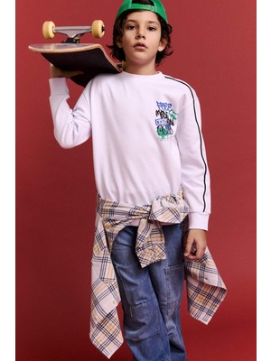 DeFacto Oversize Geniş Kalıp Bisiklet Yaka Baskılı Uzun Kollu Tişört Erkek Çocuk G6204A825CW