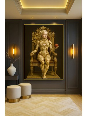 Wallivo Altın Taht Üzerinde Kırmızı Elma Tutan Porselen Otomat Havva Gümüş Metal Çerçeveli Kanvas Tablo