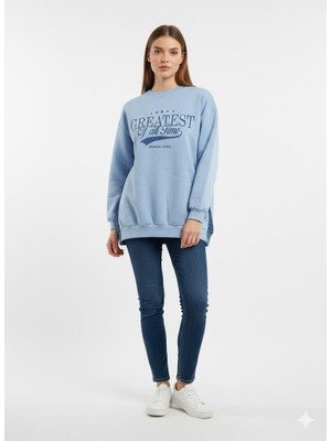 Ribana Classic Kadın Üç Iplik Şardonlu Arkası Kot ve Düğme Detaylı Baskılı Bisiklet Yaka Sweatshirt