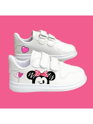 Lias Design Yarım Pembe Kurdela Tokalı Baskılı Beyaz Bantlı Çocuk Spor Ayakkabı Sneaker