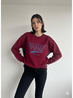 Ribana Classic Kadın Üç Iplik Şardonlu Arkası Kot ve Düğme Detaylı Baskılı Bisiklet Yaka Sweatshirt