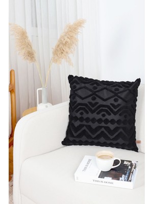 Hamur Bohem Özel Tasarım Punch Panç Desen Kare Dekoratif Kırlent Kılıfı Letta Siyah