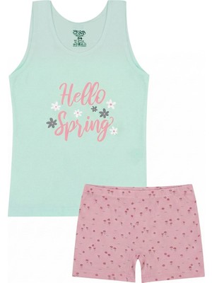 Öts Kız Çocuk Atlet Boxer Likralı Yeşil Desenli (%96 Pamuk - %4 Elastan)