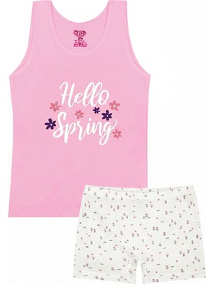 Öts Kız Çocuk Atlet Boxer Likralı Pembe Desenli (%96 Pamuk - %4 Elastan)