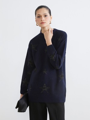 LC Waikiki Modest Lacivert Bisiklet Yaka Yıldız Desenli Kadın Triko Tunik