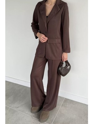 Gülseli Kadın Tek Düğmeli Ceket Bel Lastikli Çimalı Pantolon Ikili Takım P-00020009