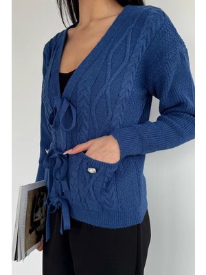 Gülseli Kadın Ön Bağlamalı Çift Cepli Örme Triko Hırka P-00019830