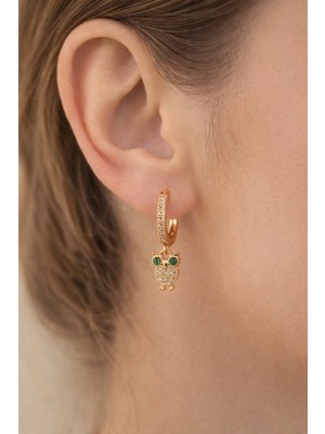 Sacce Scarves & Accessories Baykuş Charmlı Halka Küpe | Zirkon Taşlı Yeşil Gözlü Rose Gold Küpe