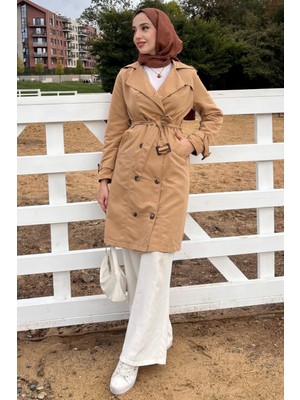 Tesettür Diyarı Kolu Kemer Detaylı Trenç -Camel