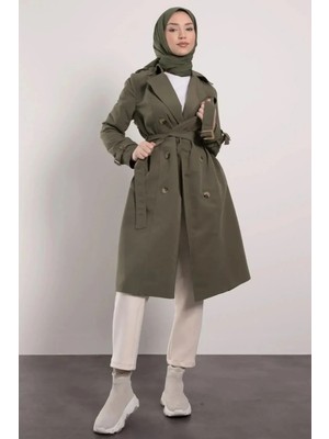 Tesettür Diyarı Kolu Kemer Detaylı Trenç -Haki