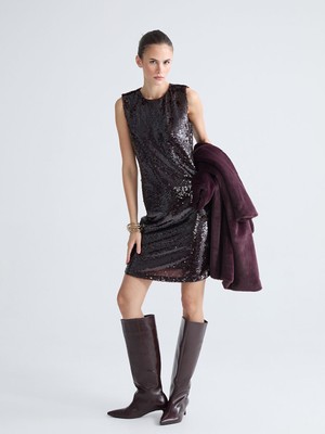 LC Waikiki Vision Bordo Bisiklet Yaka Pul Payetli Mini Elbise