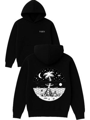 Vsrn Ağaç Altında Keyif Tasarım Baskılı Oversize Siyah Kapüşonlu Sweatshirt