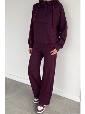 Gülseli Kadın Ön Yarım Fermuarlı Kapüşonlu Şardonlu Sweat Bel Lastikli Pantolon Ikili Takım P-00019811