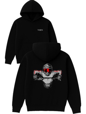 Vsrn Racer Motorcu Tasarım Baskılı Oversize Siyah Kapüşonlu Sweatshirt