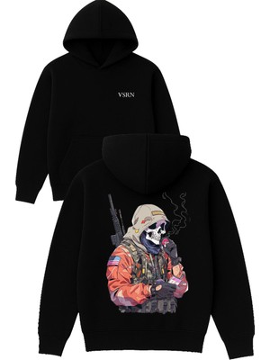 Vsrn Iskelet Asker Tasarım Baskılı Oversize Siyah Kapüşonlu Sweatshirt