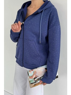 Gülseli Kadın Taş Işlemeli Kapüşonlu Şardonlu Ön Fermuarlı Sweatshirt P-00018814