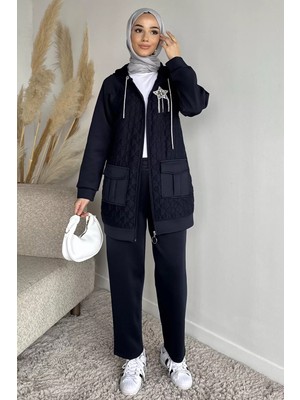 Julude Kapitoneli Broş Detaylı Kapüşonlu Tesettür Tunik Bel Lastikli Pantolon Ikili Takım P-00018862