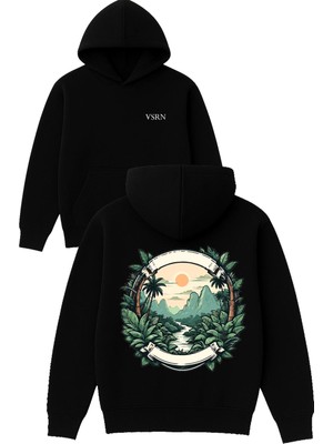 Vsrn Dağ Manzarası Tasarım Baskılı Oversize Siyah Kapüşonlu Sweatshirt