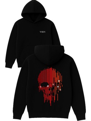 Vsrn Kırmızı Kurukafa Tasarım Baskılı Oversize Siyah Kapüşonlu Sweatshirt
