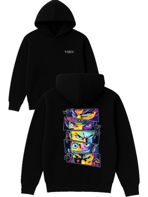 Vsrn Anime Gözleri Tasarım Baskılı Oversize Siyah Kapüşonlu Sweatshirt