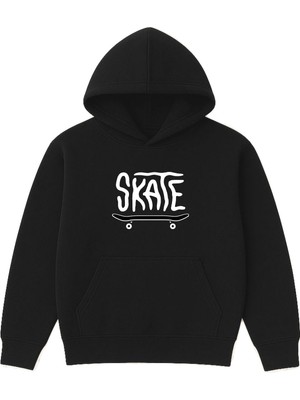 Vsrn Skate Tasarım Baskılı Oversize Siyah Kapüşonlu Sweatshirt