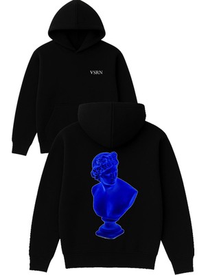 Vsrn Mavi Heykel Tasarım Baskılı Oversize Siyah Kapüşonlu Sweatshirt