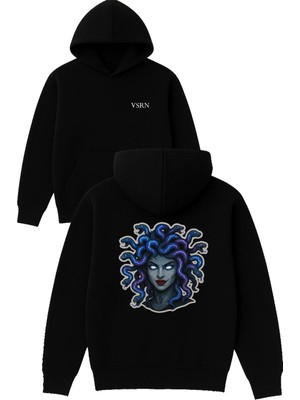 Vsrn Medusa Tasarım Baskılı Oversize Siyah Kapüşonlu Sweatshirt