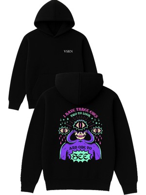 Vsrn I Have Three Tasarım Baskılı Oversize Siyah Kapüşonlu Sweatshirt