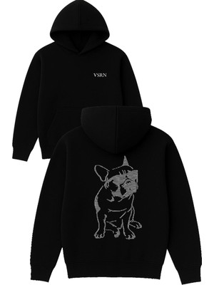 Vsrn Pug Gözlüklü Tasarım Baskılı Oversize Siyah Kapüşonlu Sweatshirt