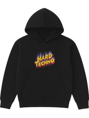 Vsrn Hard Techno Tasarım Baskılı Oversize Siyah Kapüşonlu Sweatshirt